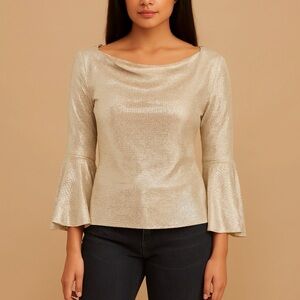 Prelude Gold Sequin Bell Sleeve Top Size Small